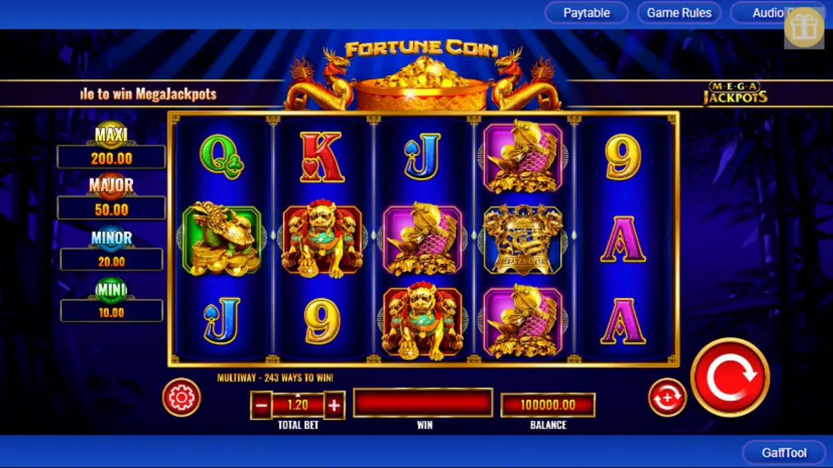 Tampilan visual slot Fortune Coin Mega Jackpot dengan nuansa emas dan oriental
