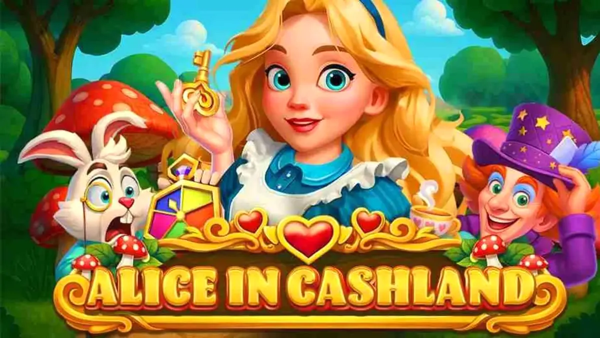 Tampilan visual slot Alice in Cashland dengan tema Wonderland yang mempesona